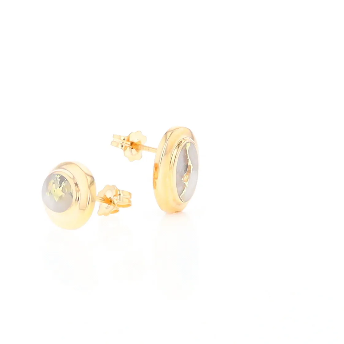 Gold Quartz Earrings Oval Inlaid Design Studs