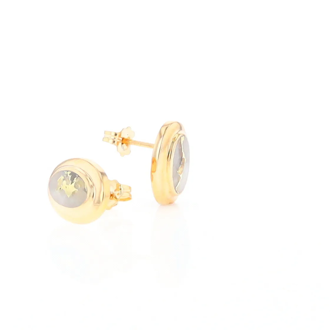 Gold Quartz Earrings Oval Inlaid Design Studs