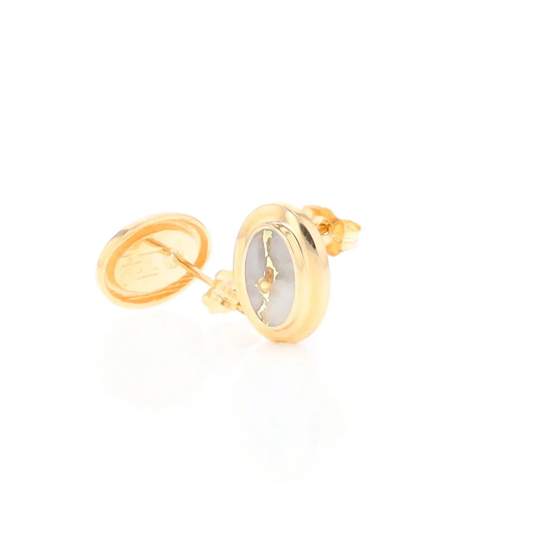 Gold Quartz Earrings Oval Inlaid Design Studs