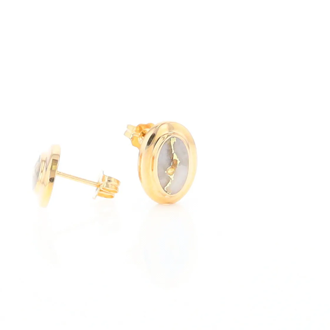 Gold Quartz Earrings Oval Inlaid Design Studs