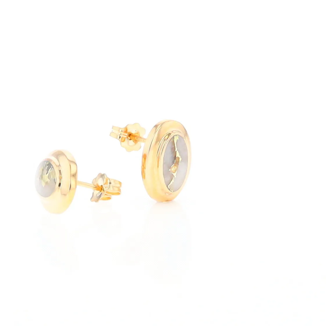 Gold Quartz Earrings Oval Inlaid Design Studs