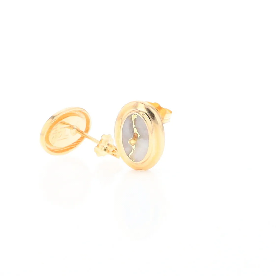 Gold Quartz Earrings Oval Inlaid Design Studs