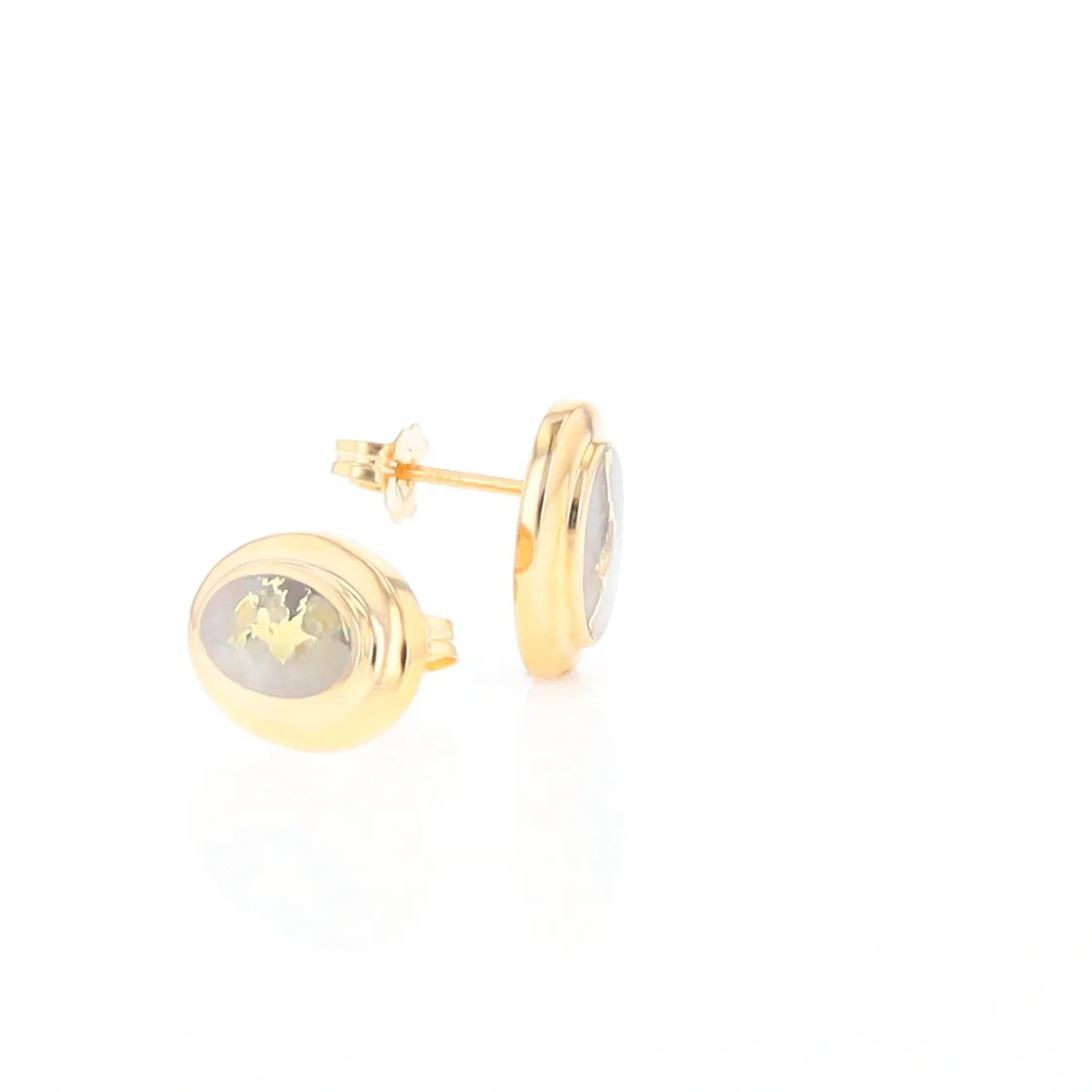 Gold Quartz Earrings Oval Inlaid Design Studs
