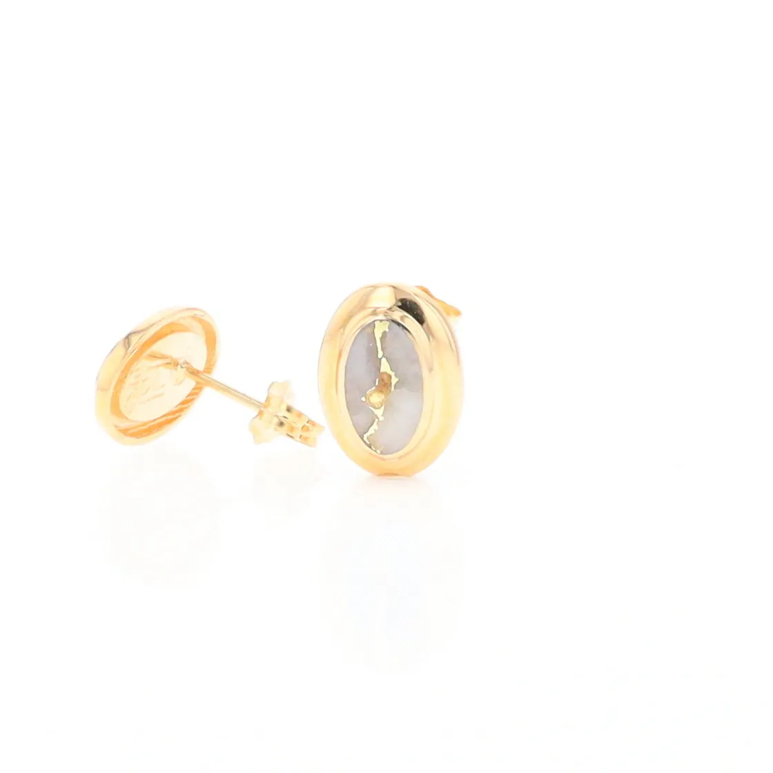 Gold Quartz Earrings Oval Inlaid Design Studs
