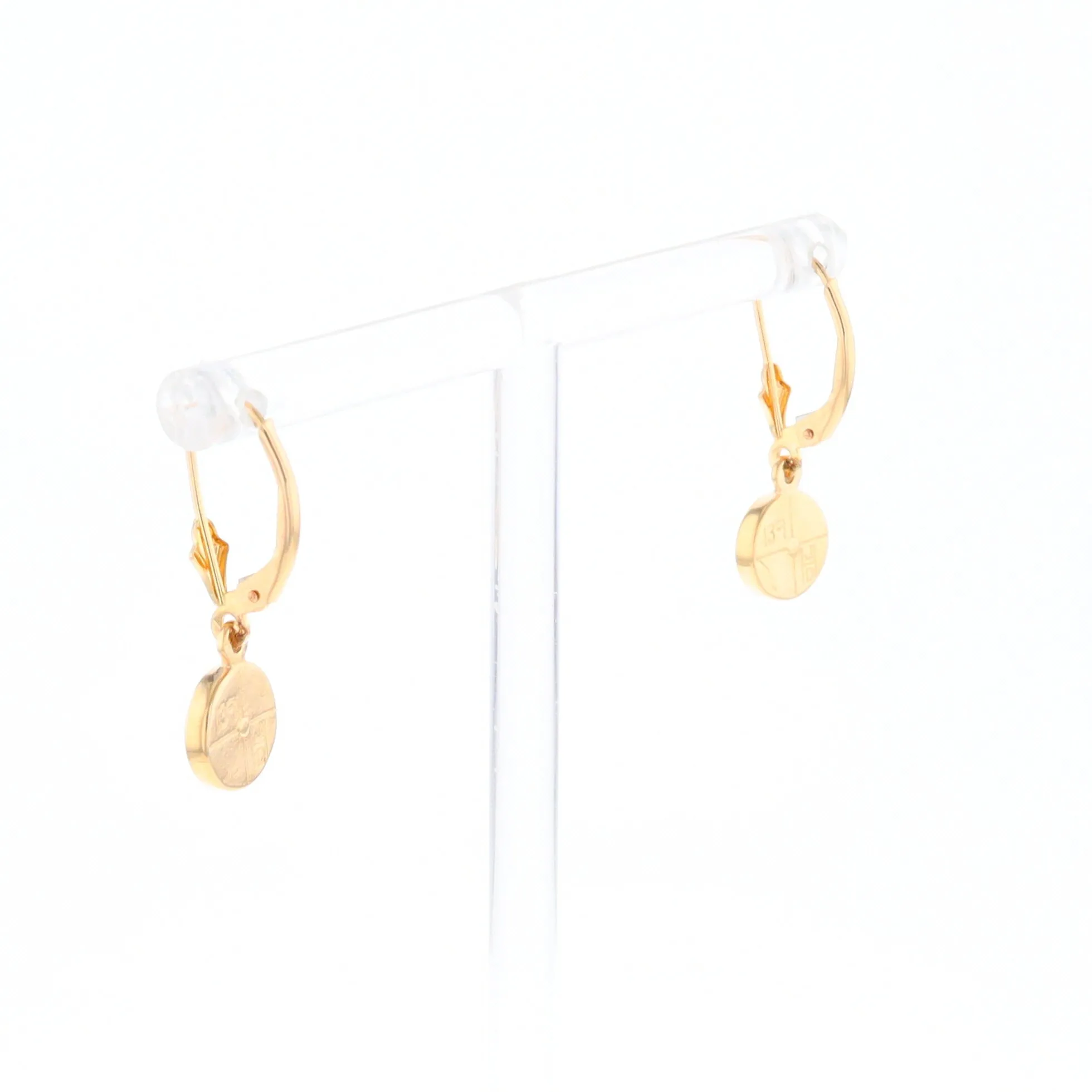 Gold Quartz Earrings Round Inlaid Design Lever Backs