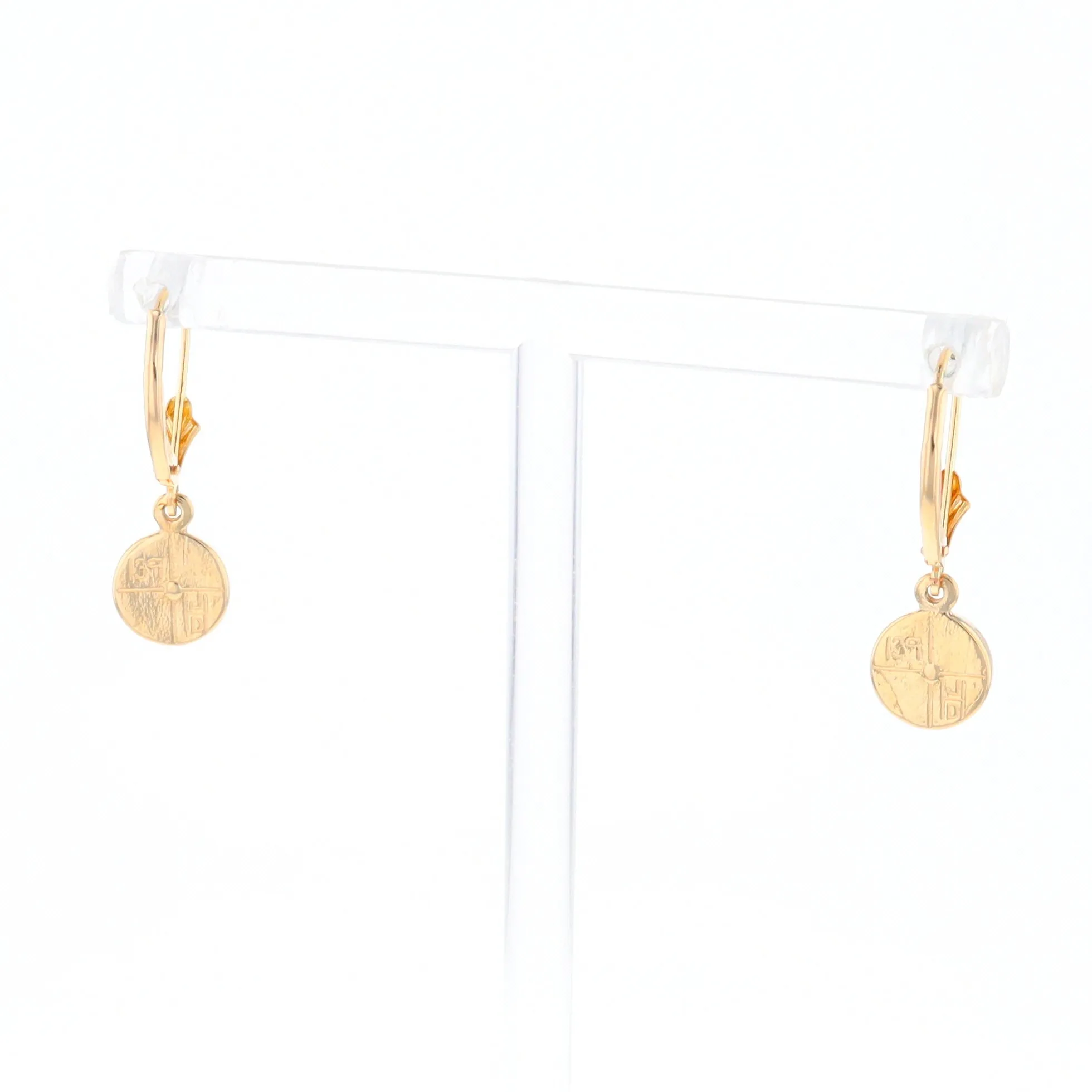 Gold Quartz Earrings Round Inlaid Design Lever Backs