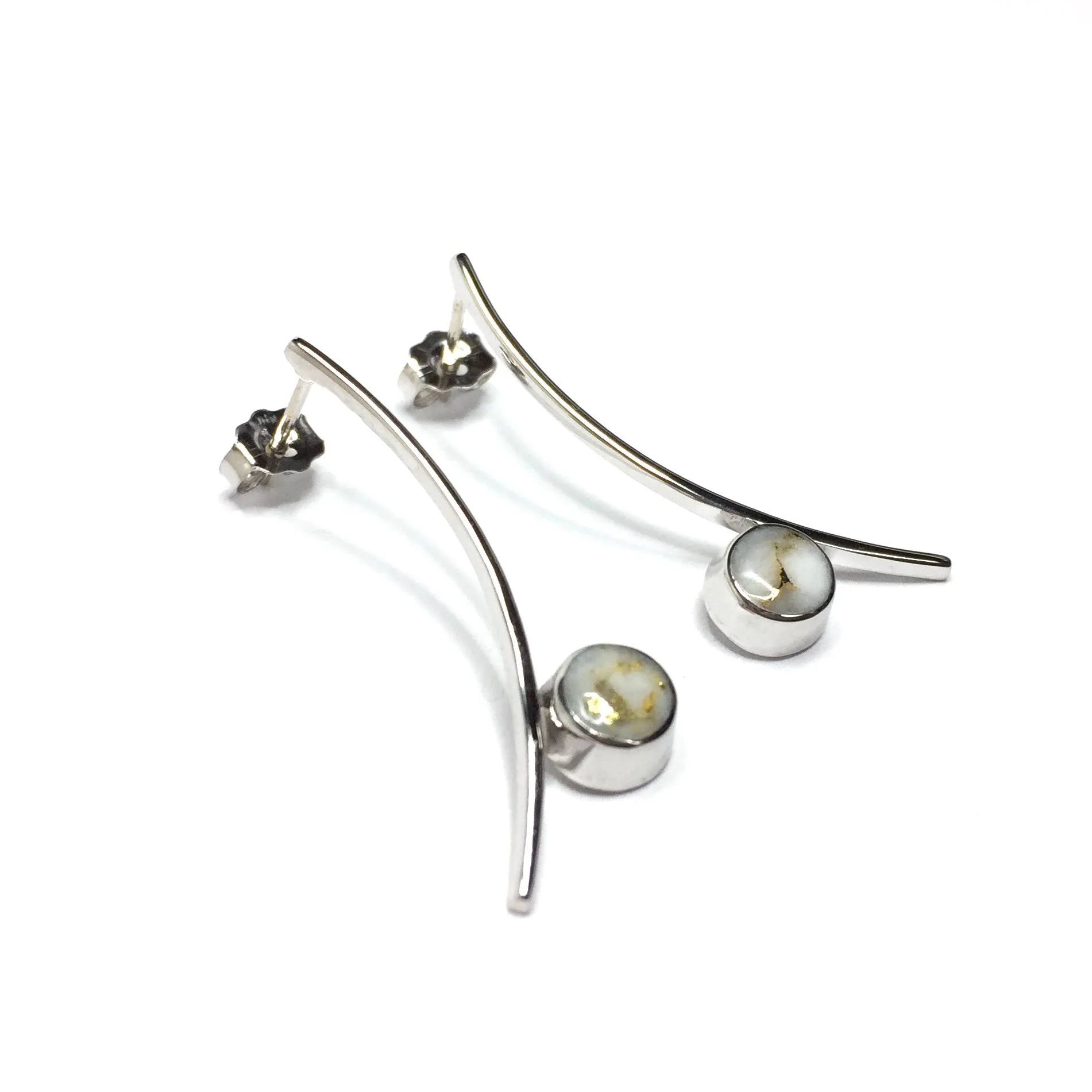 Gold Quartz Earrings Round Inlay Curved Bar Design