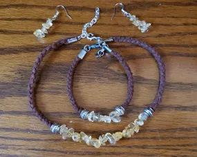 Golden Quartz Gemstone & Genuine Brown Leather Set. Choker, Bracelet & Earrings. Fully adjustable with Lobster Claw Clasps.