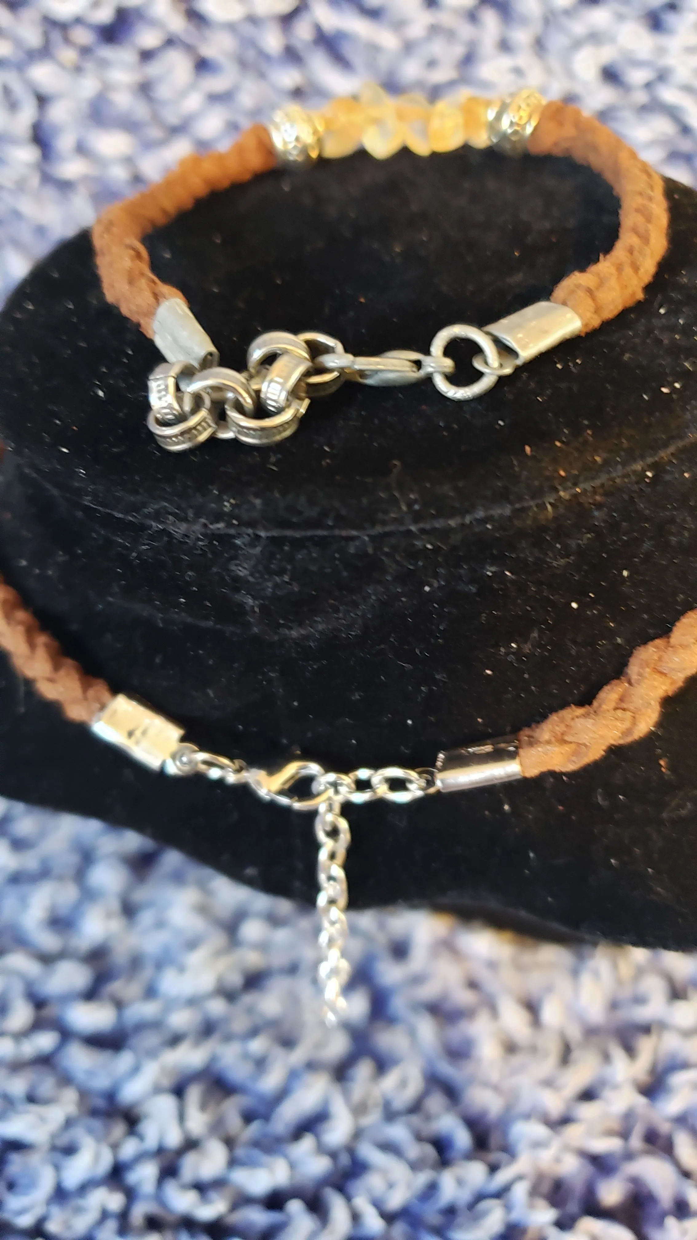 Golden Quartz Gemstone & Genuine Brown Leather Set. Choker, Bracelet & Earrings. Fully adjustable with Lobster Claw Clasps.