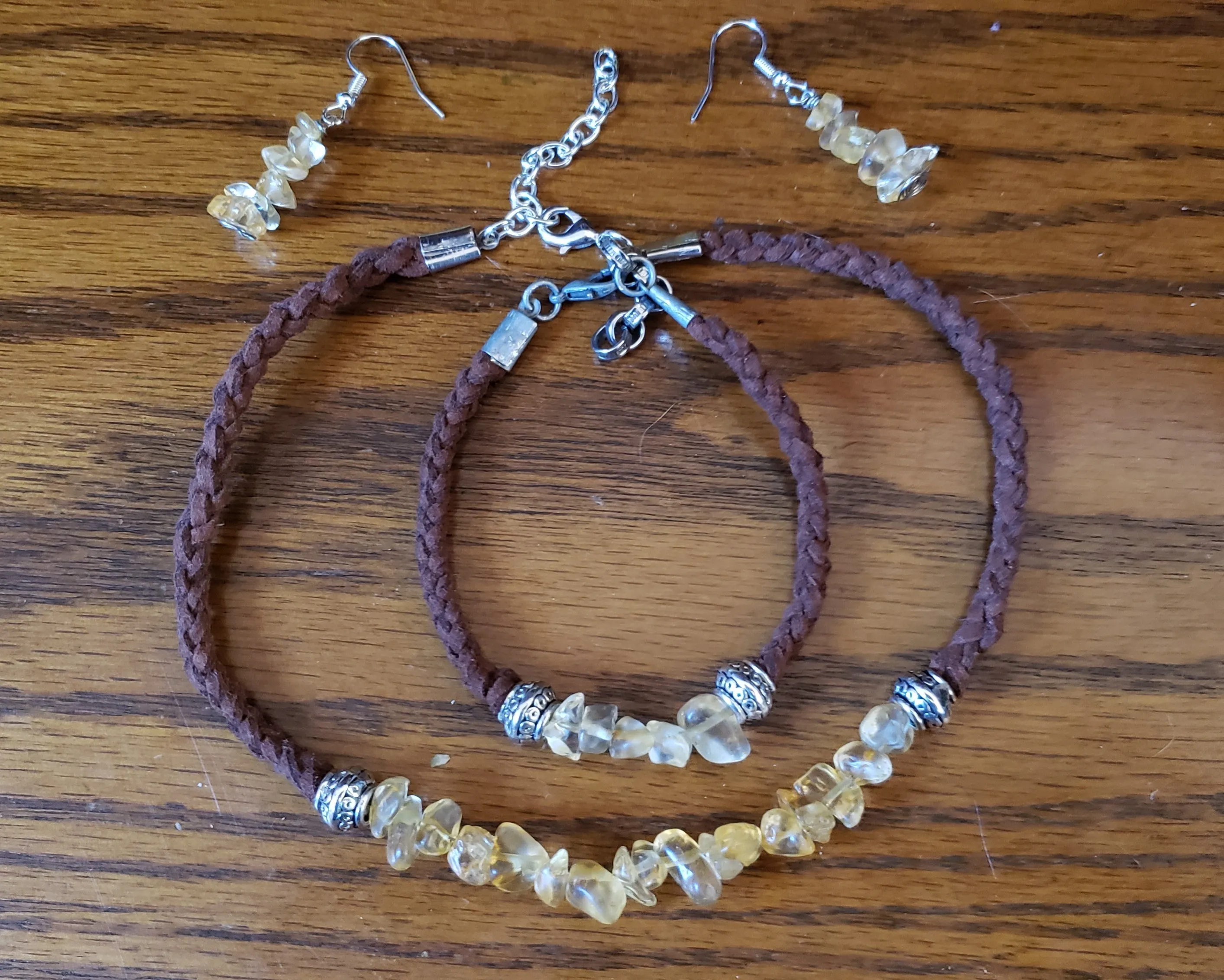 Golden Quartz Gemstone & Genuine Brown Leather Set. Choker, Bracelet & Earrings. Fully adjustable with Lobster Claw Clasps.