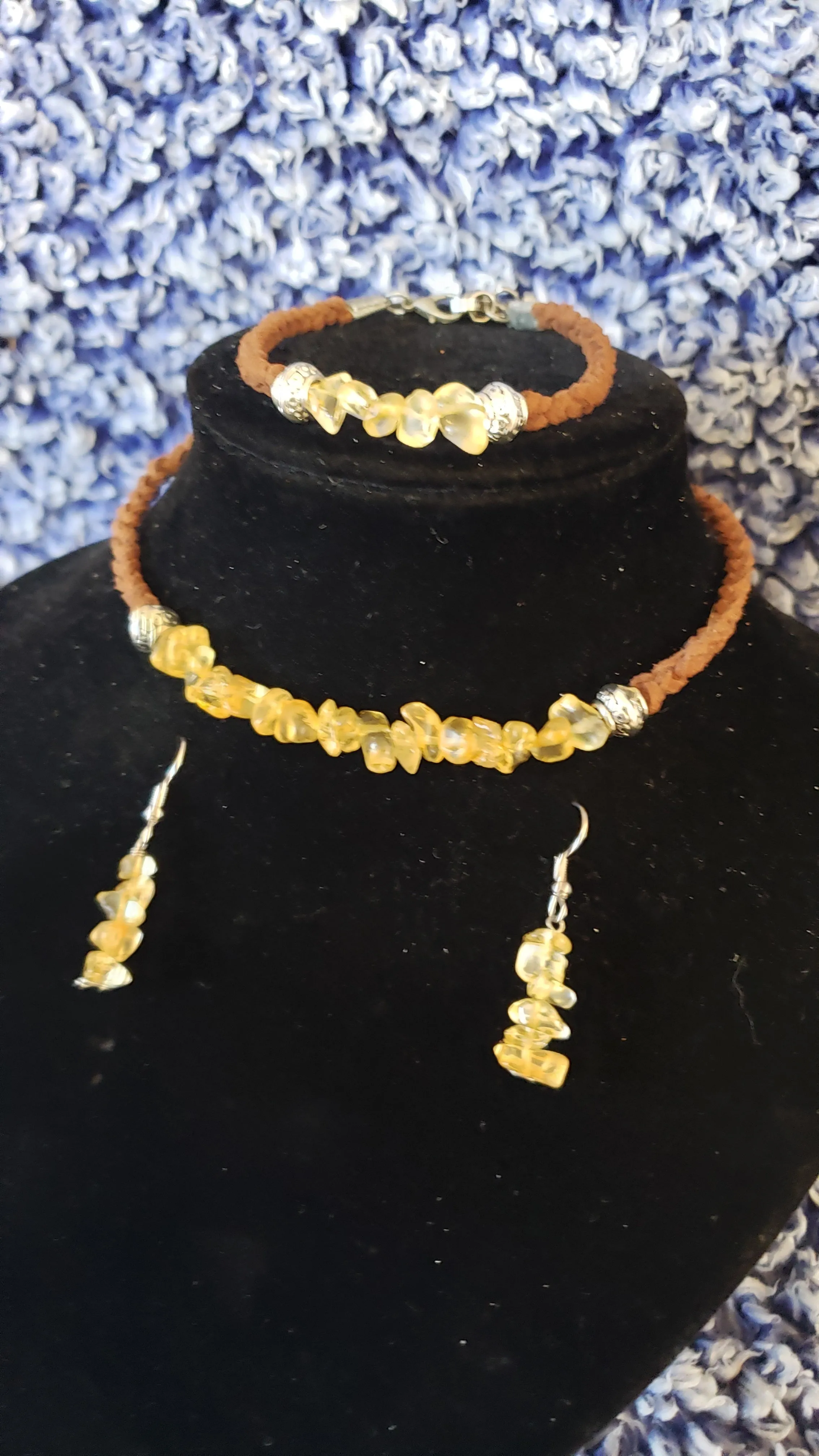Golden Quartz Gemstone & Genuine Brown Leather Set. Choker, Bracelet & Earrings. Fully adjustable with Lobster Claw Clasps.