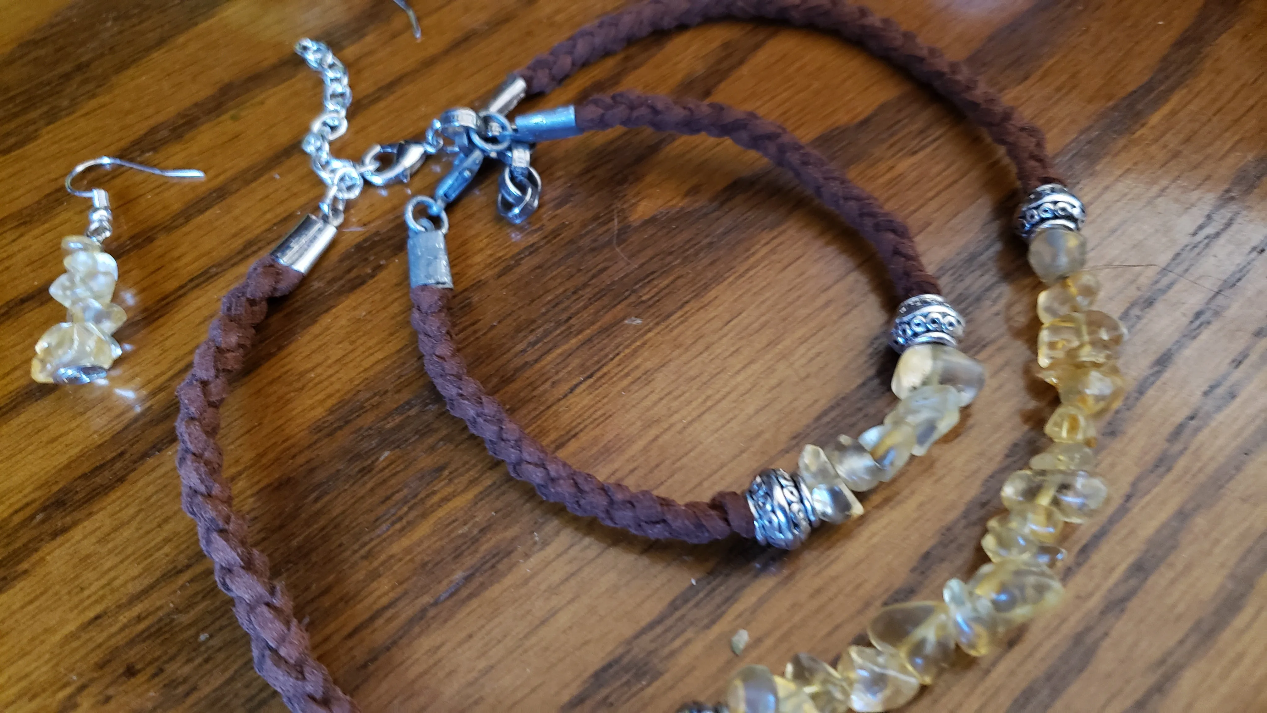 Golden Quartz Gemstone & Genuine Brown Leather Set. Choker, Bracelet & Earrings. Fully adjustable with Lobster Claw Clasps.