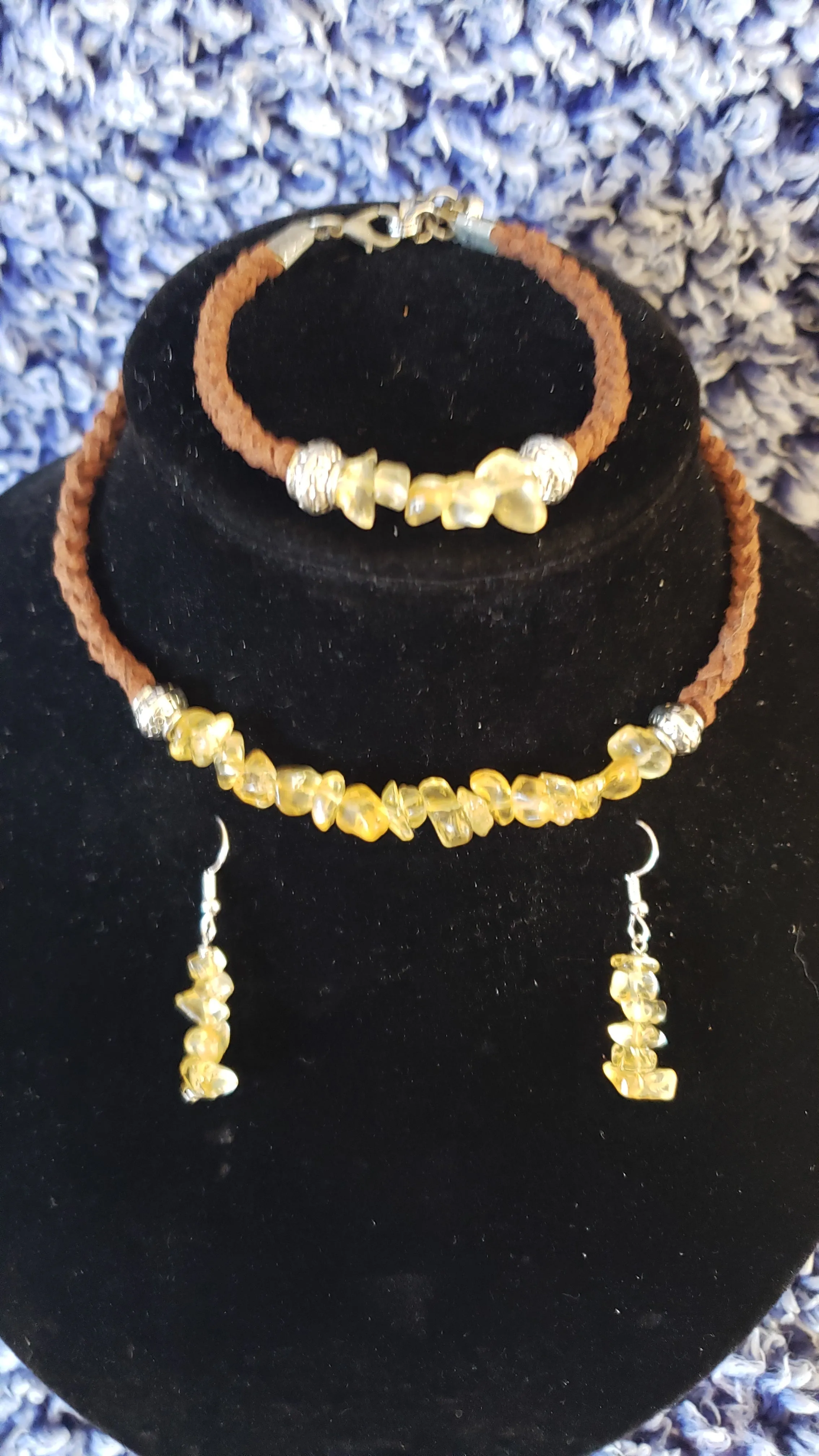 Golden Quartz Gemstone & Genuine Brown Leather Set. Choker, Bracelet & Earrings. Fully adjustable with Lobster Claw Clasps.