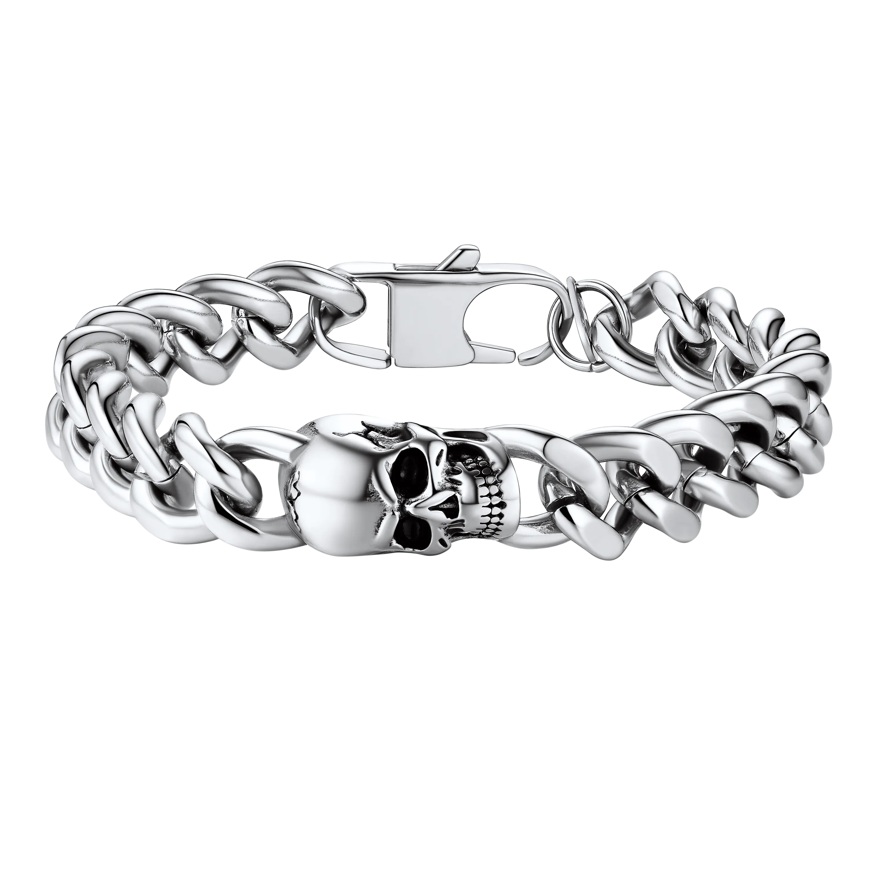 Gothic Heavy Cuban Chain Skull Bracelet For Men in Stainless Steel