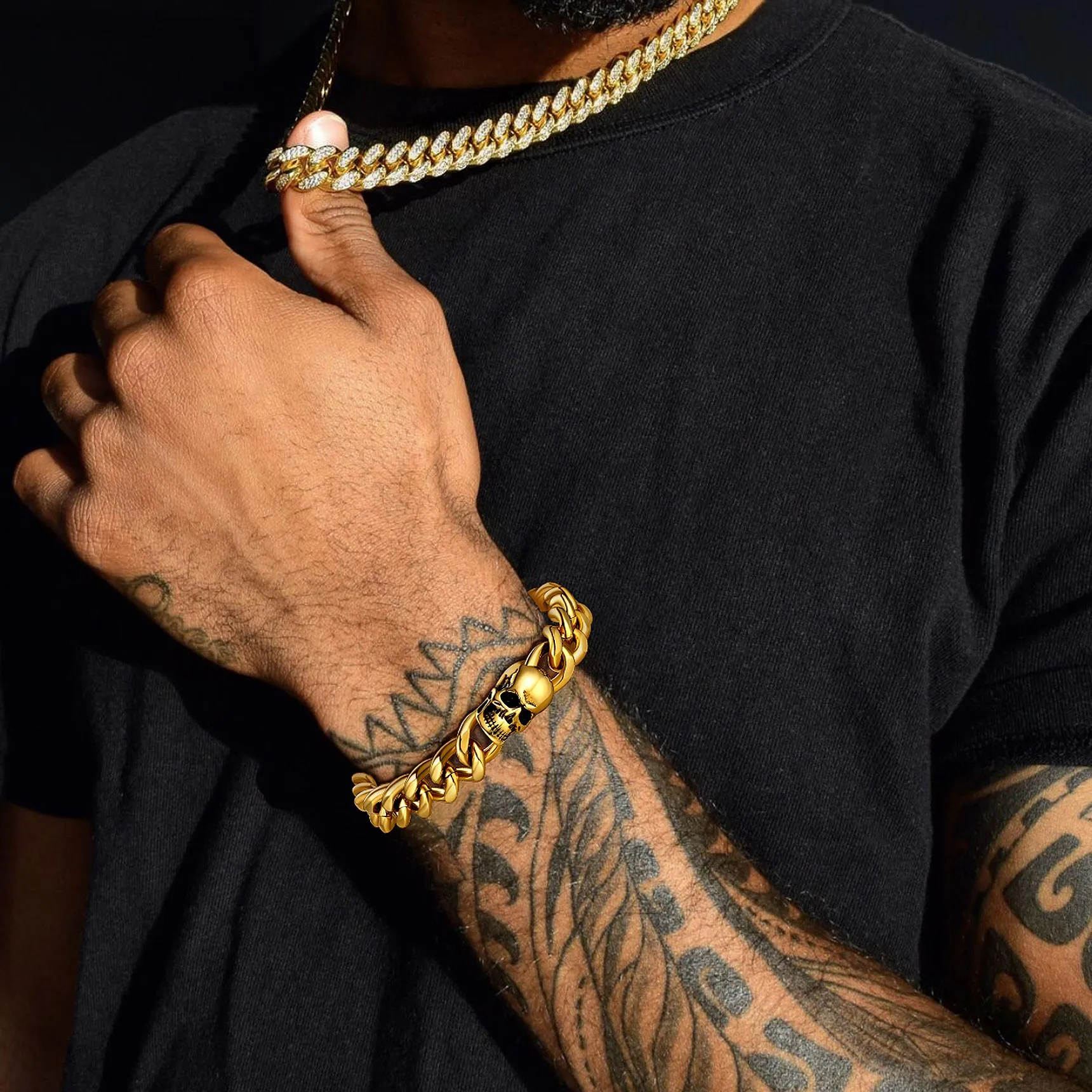 Gothic Heavy Cuban Chain Skull Bracelet For Men in Stainless Steel