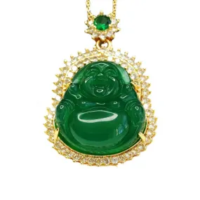 Green Chalcedony Buddha Pendant Sterling Silver Necklace with Zircon Accents