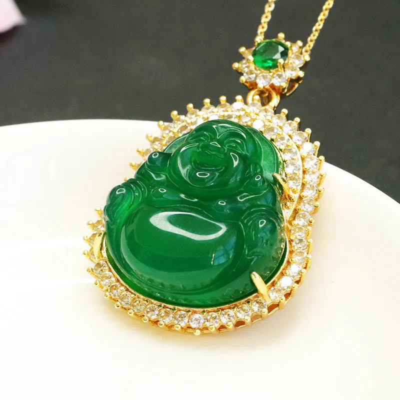 Green Chalcedony Buddha Pendant Sterling Silver Necklace with Zircon Accents