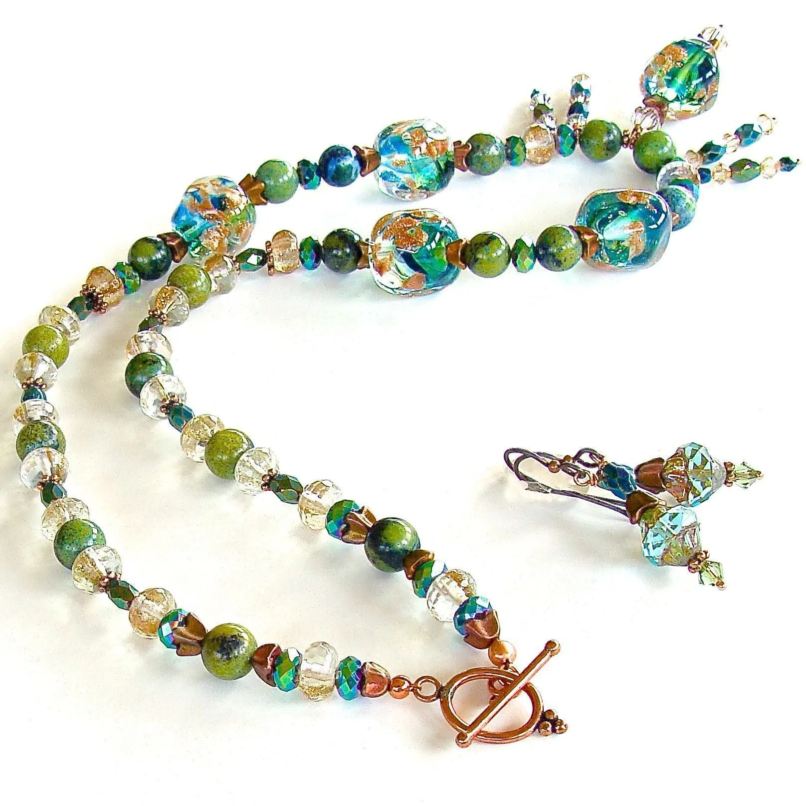 Guinevere: 20" Blue and Green Beaded Necklace Set