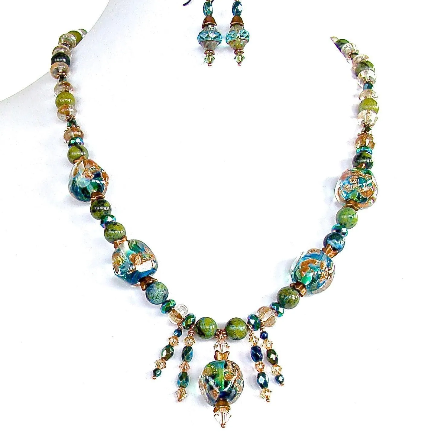 Guinevere: 20" Blue and Green Beaded Necklace Set