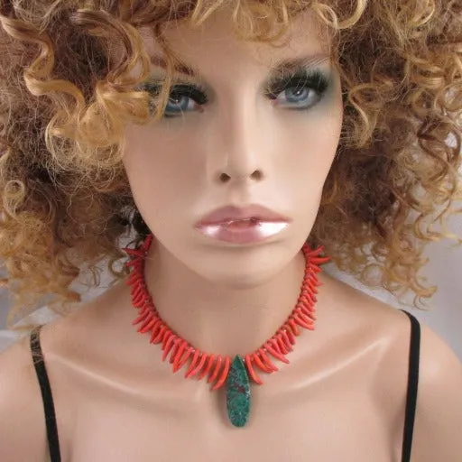 Handmade Pink Bead Necklace with Blue Green Gemstone Pendant