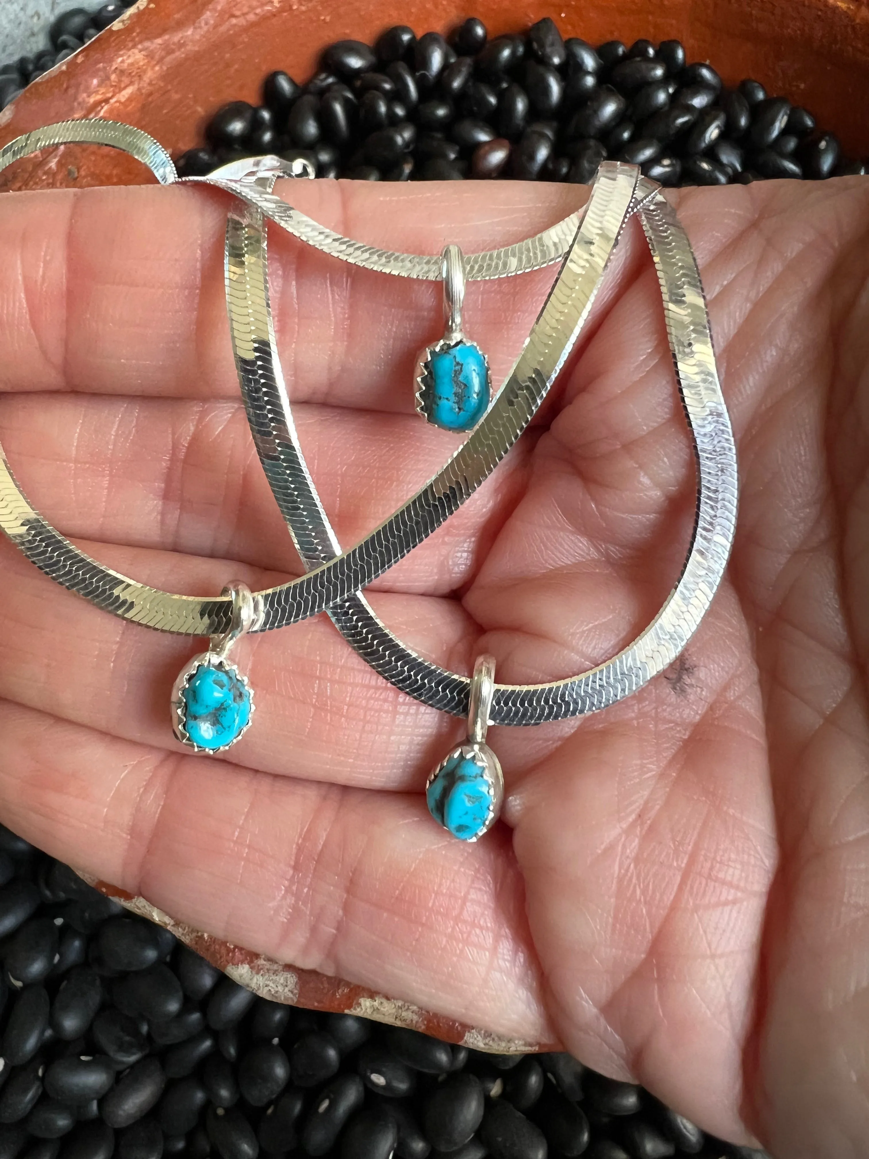 Herringbone Sterling Silver Chain with Turquoise Pendant