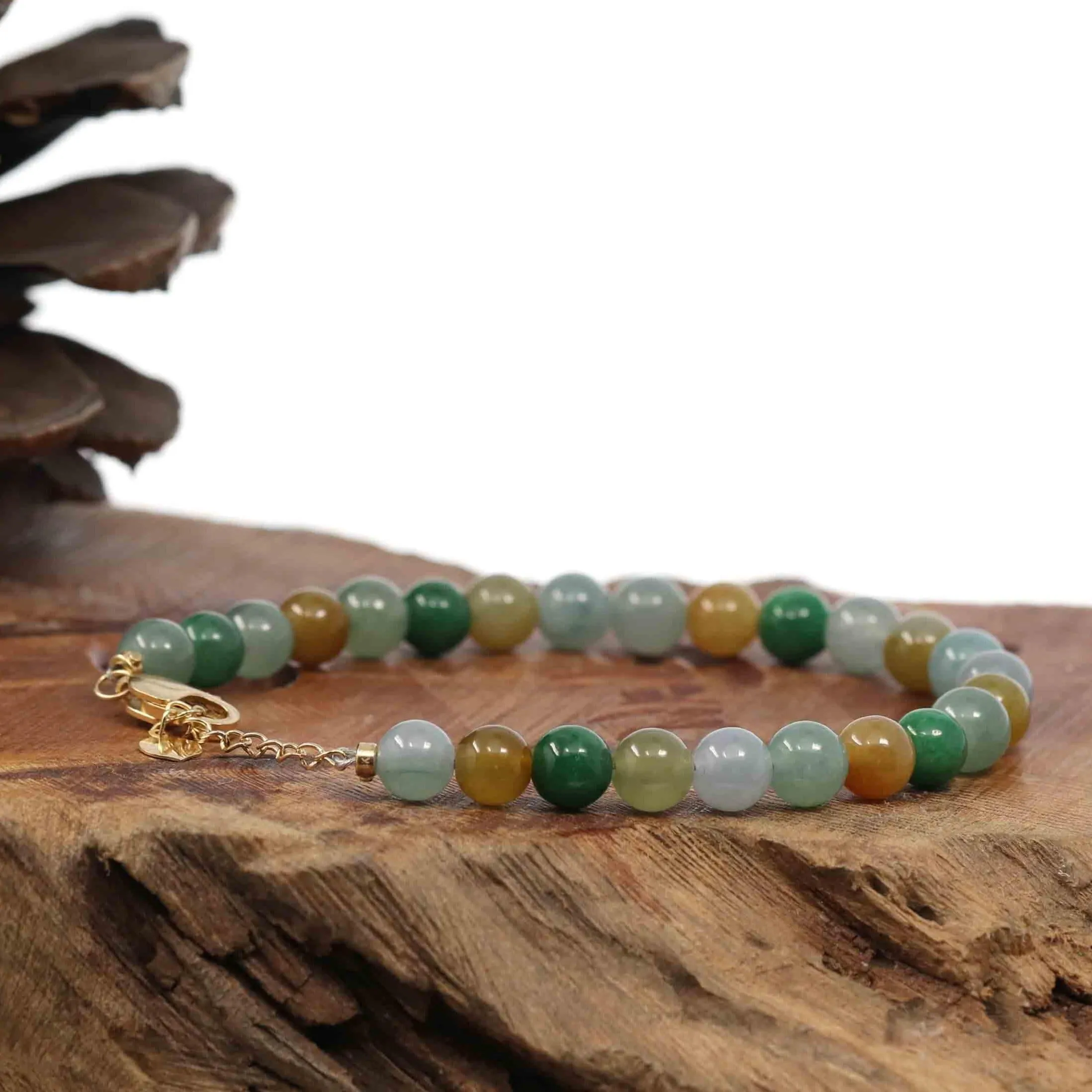 High Multiple Colors Jadeite Jade Beads Bracelet With 18K Yellow Gold Clasp ( 6.5 mm )