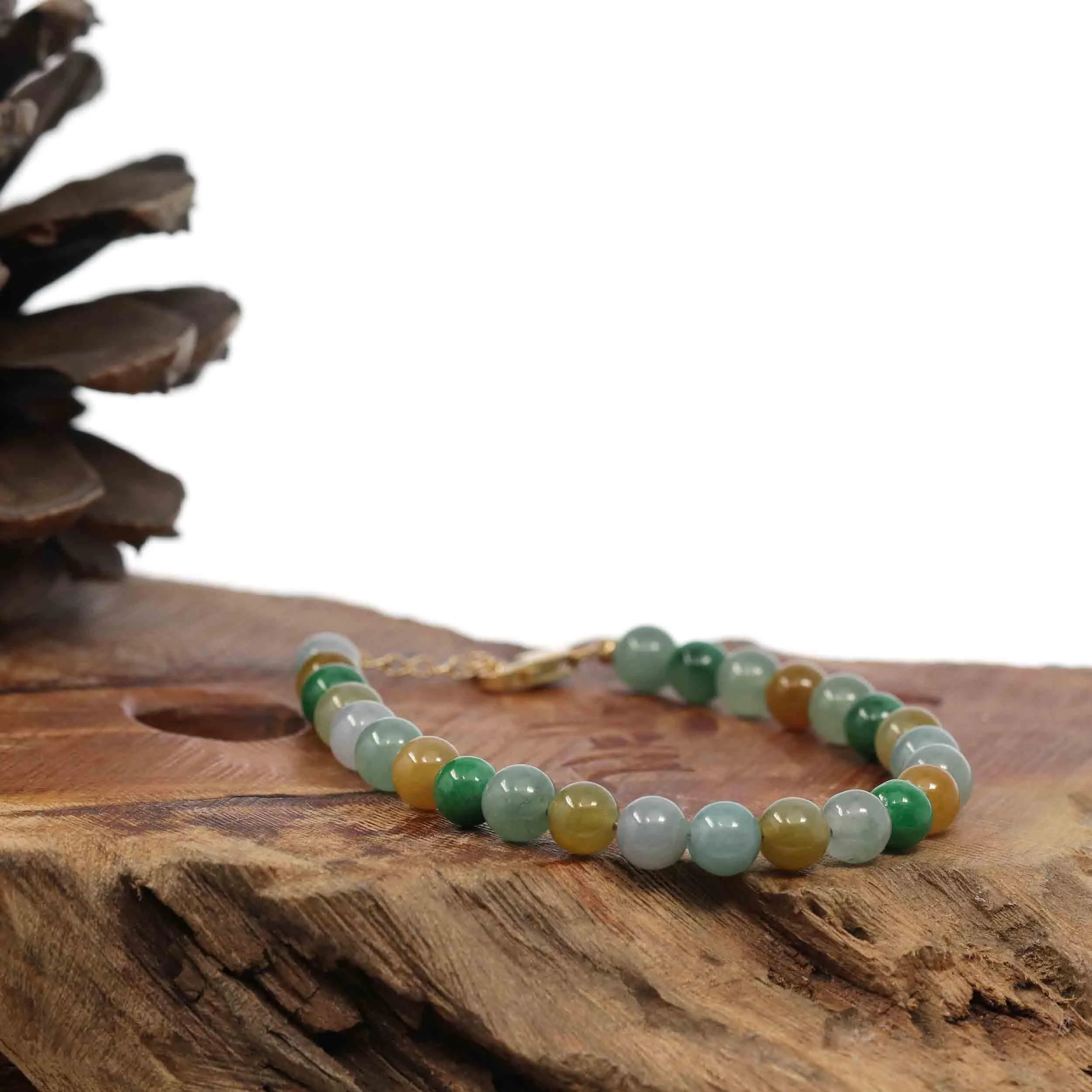 High Multiple Colors Jadeite Jade Beads Bracelet With 18K Yellow Gold Clasp ( 6.5 mm )