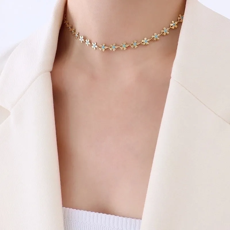 Ins European And American Personalized Gold Blue With Flowers Drop Oil Necklace Titanium Steel Plated 18k Real Gold Bracelet Set P075-e012