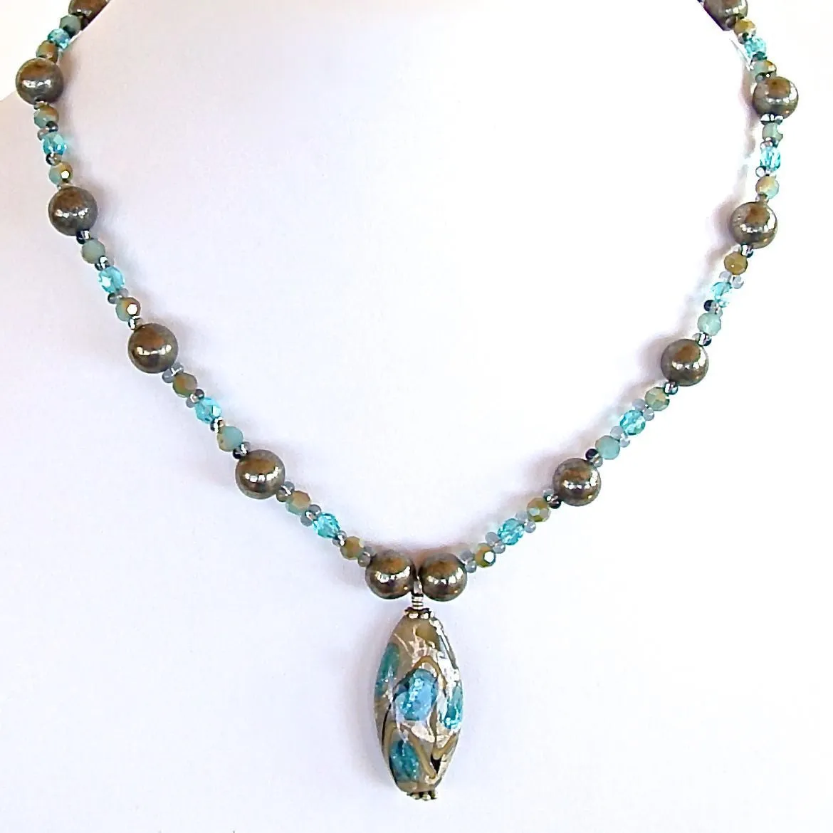 Iridium: 20" Teal Lampwork Pendant Necklace