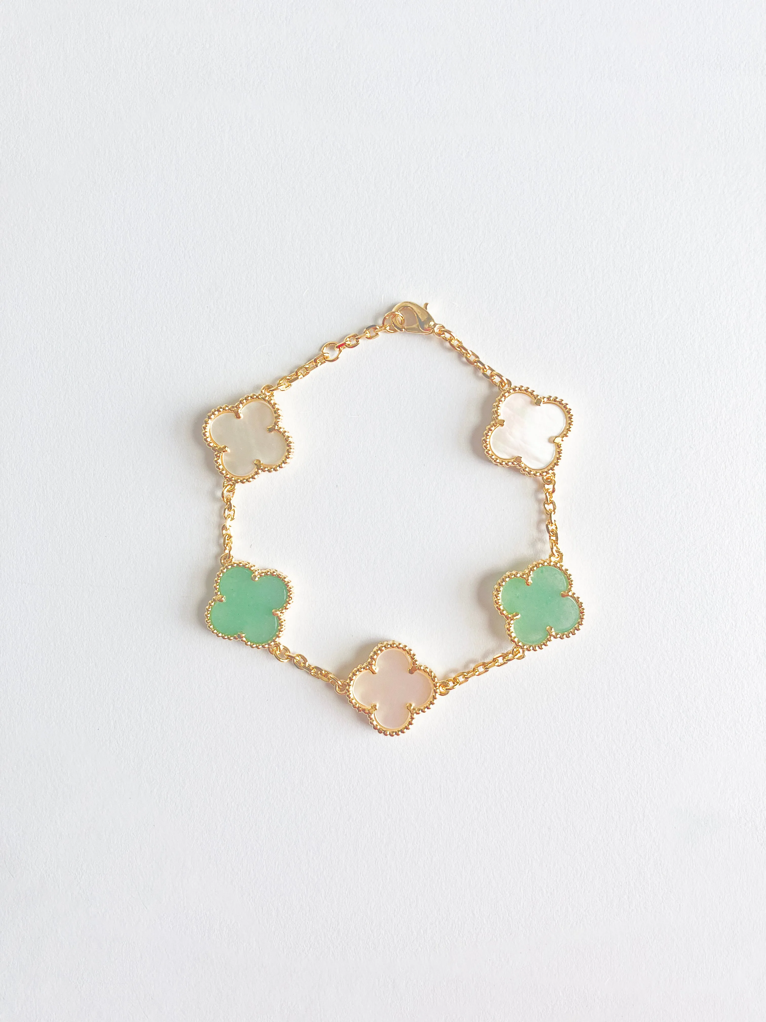 Jade and Mother of Pearl Quatrefoil Bracelet in Gold