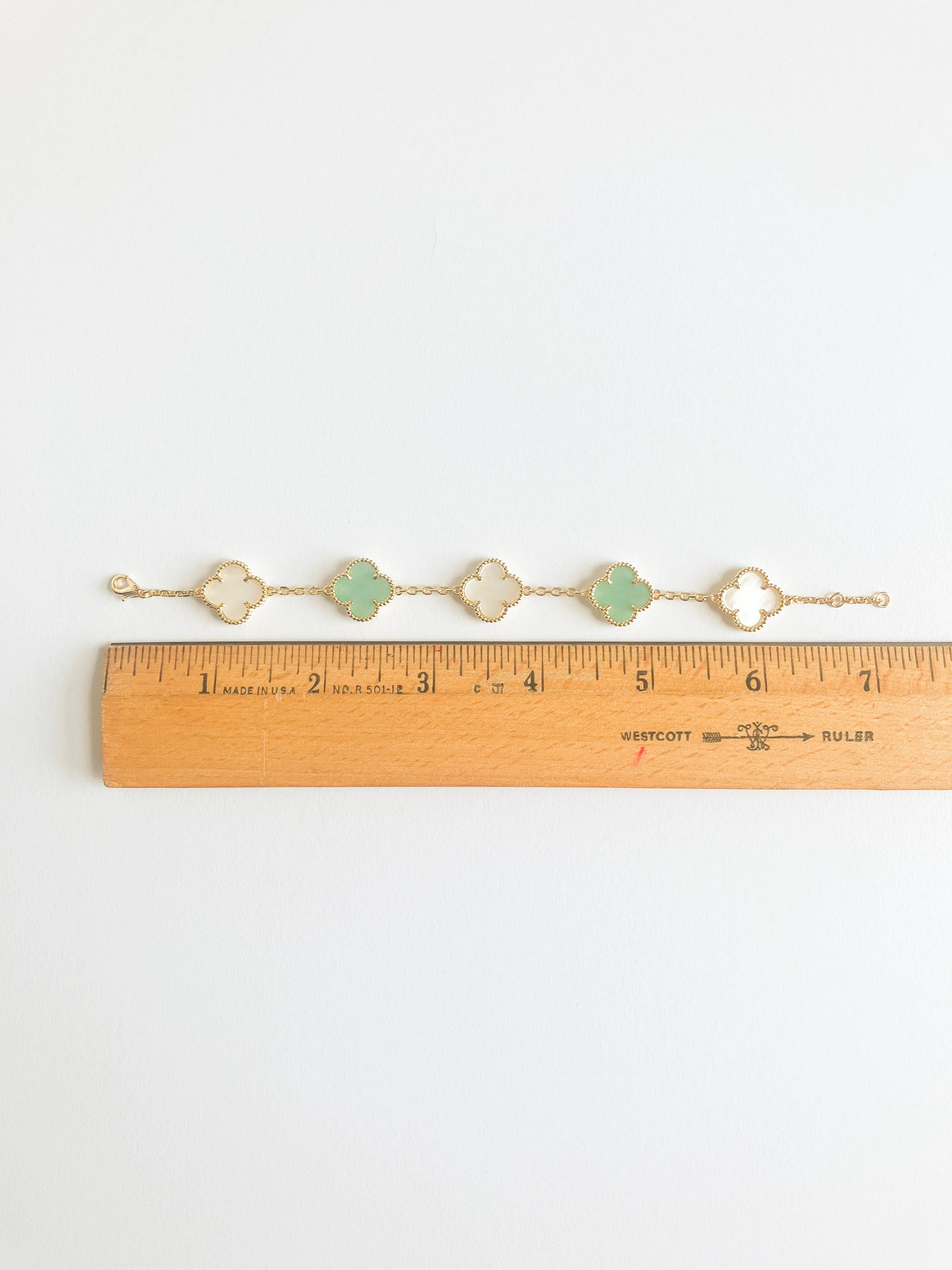 Jade and Mother of Pearl Quatrefoil Bracelet in Gold