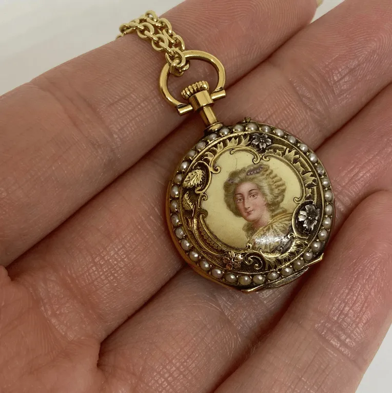 Jaeger LeCoultre Seed Pearl Enamel Portrait Pendant Watch 18 Karat