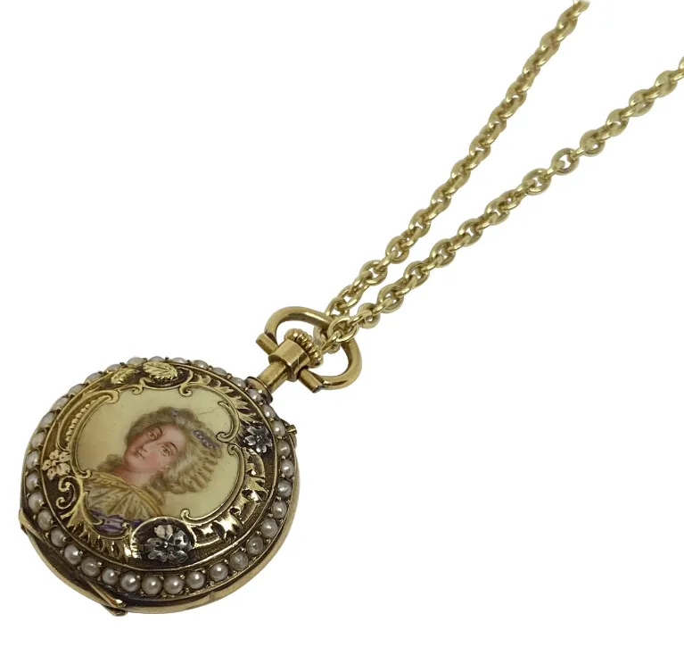 Jaeger LeCoultre Seed Pearl Enamel Portrait Pendant Watch 18 Karat