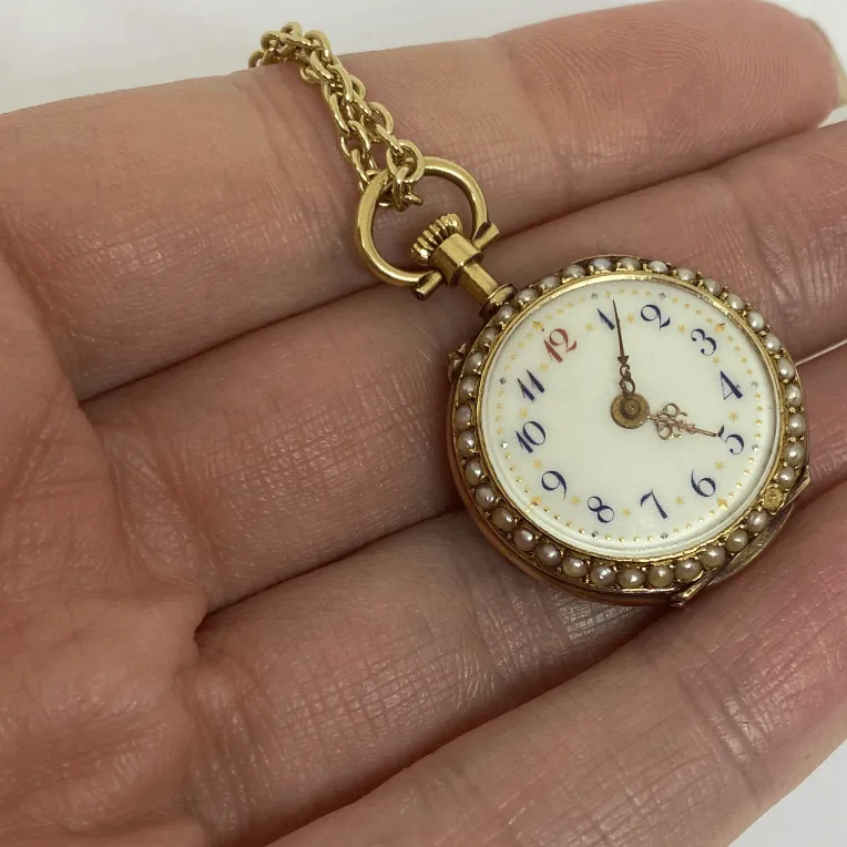 Jaeger LeCoultre Seed Pearl Enamel Portrait Pendant Watch 18 Karat