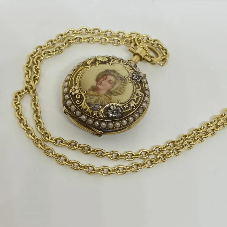 Jaeger LeCoultre Seed Pearl Enamel Portrait Pendant Watch 18 Karat