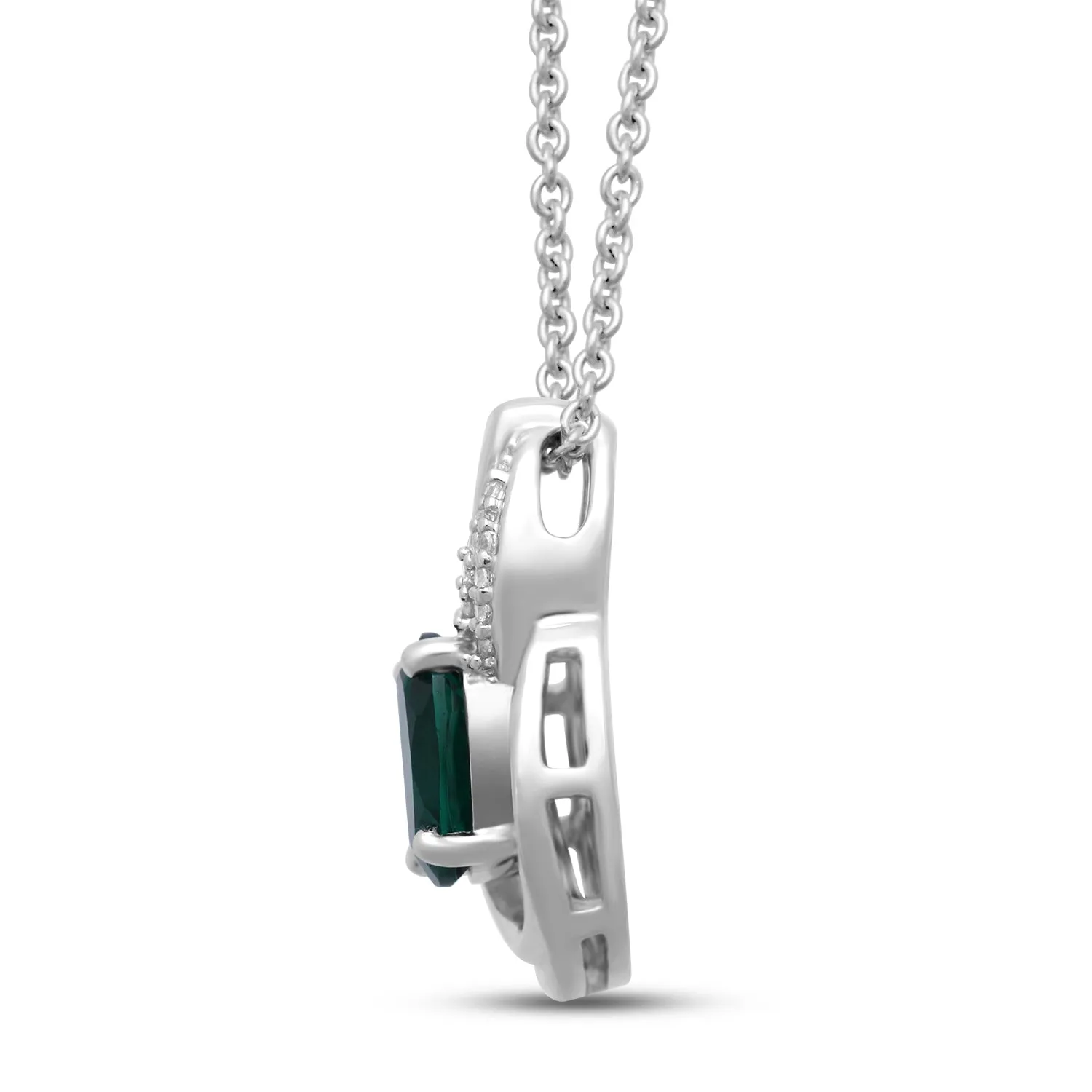 Jewelili Sterling Silver Oval Shape Created Emerald with Round and Baguette Cut Created White Sapphire Flame Pendant Necklace