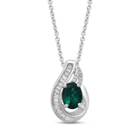 Jewelili Sterling Silver Oval Shape Created Emerald with Round and Baguette Cut Created White Sapphire Flame Pendant Necklace