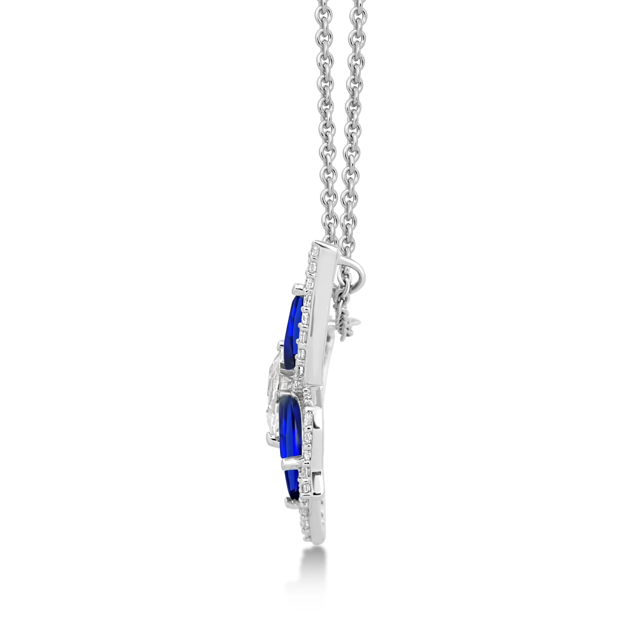 Jewelili Sterling Silver with Created Blue Sapphire and Created White Sapphire Butterfly Pendant Necklace