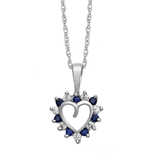 Jewelili Sterling Silver with Round Created Blue Sapphire and White Cubic Zirconia Heart Pendant Necklace