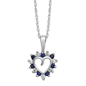 Jewelili Sterling Silver with Round Created Blue Sapphire and White Cubic Zirconia Heart Pendant Necklace
