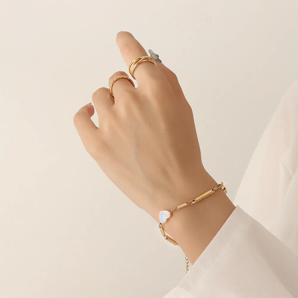 Korean White Sea Shell Peach Heart Bracelet with Gold Bamboo Chain