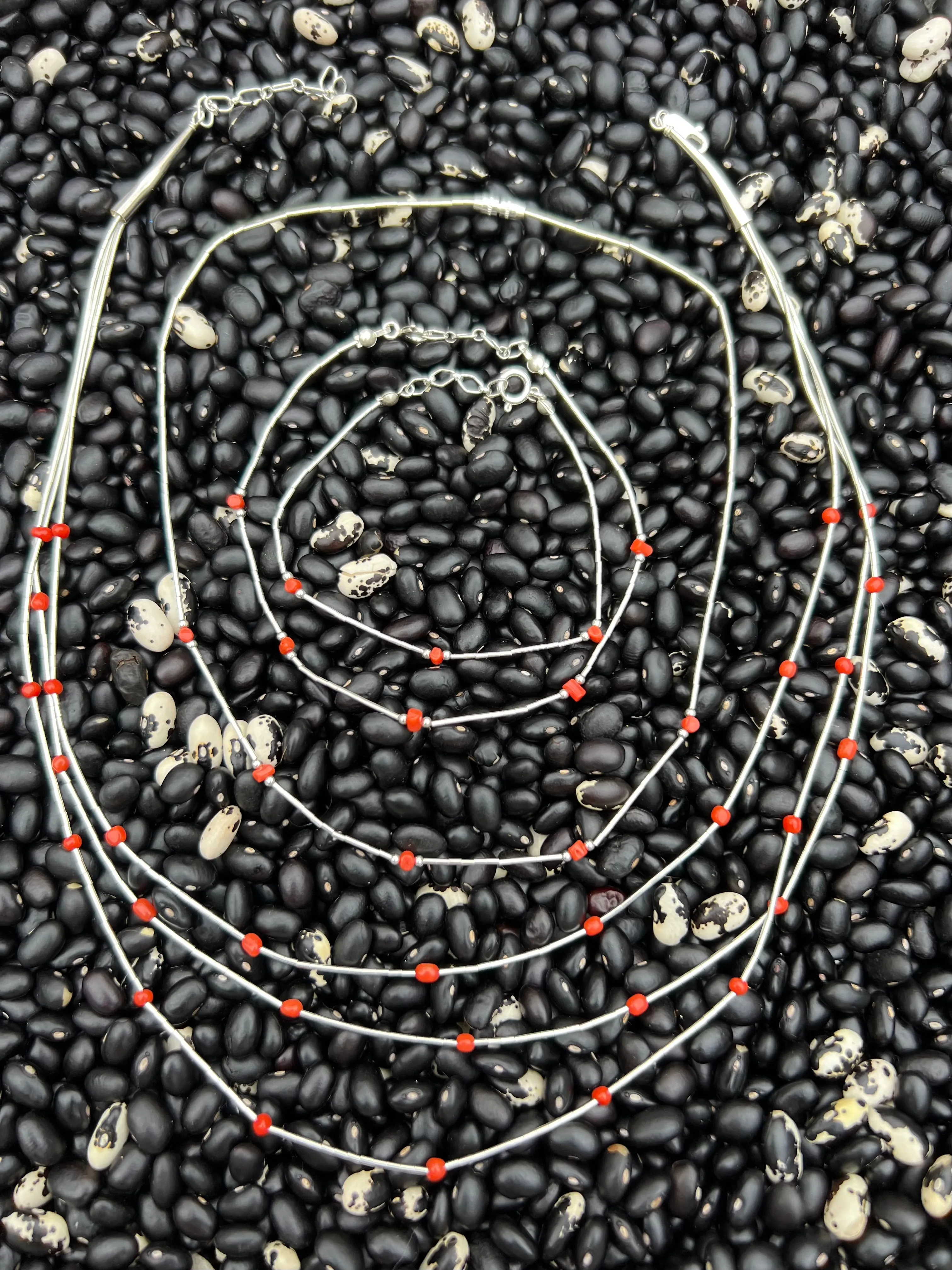 Liquid Silver three strand nugget Necklace turquoise or Co ral