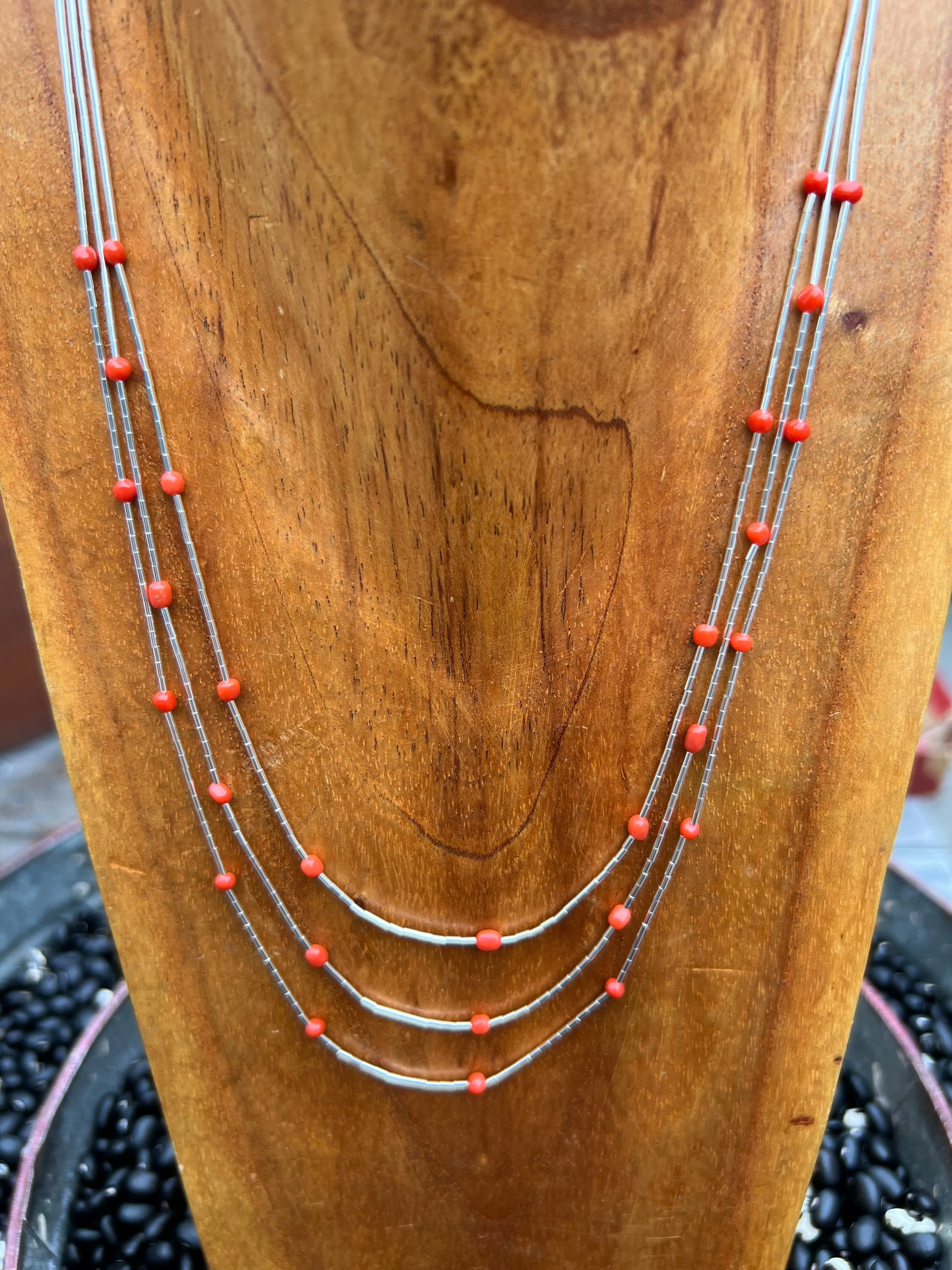 Liquid Silver three strand nugget Necklace turquoise or Co ral
