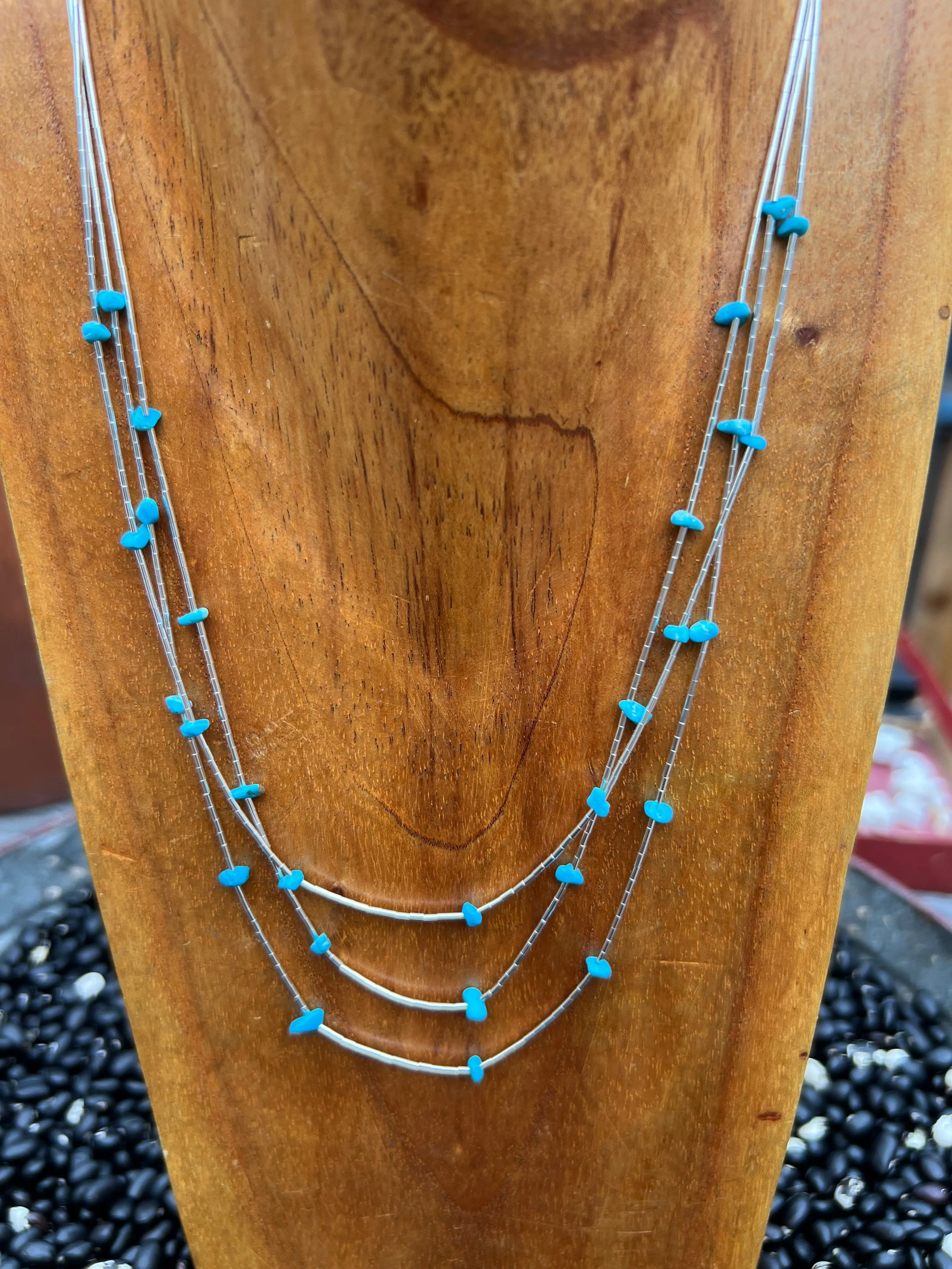 Liquid Silver three strand nugget Necklace turquoise or Co ral