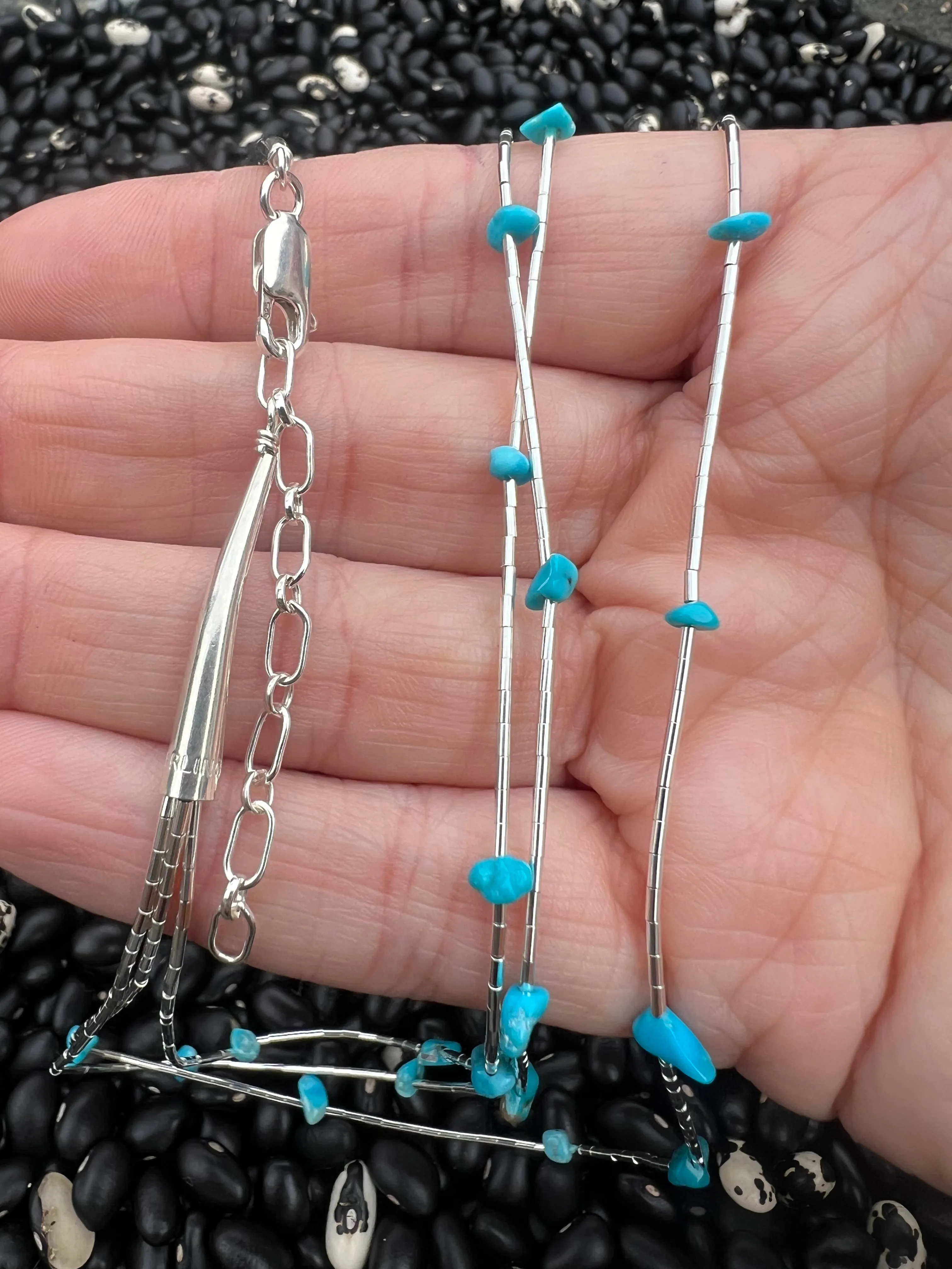 Liquid Silver three strand nugget Necklace turquoise or Co ral
