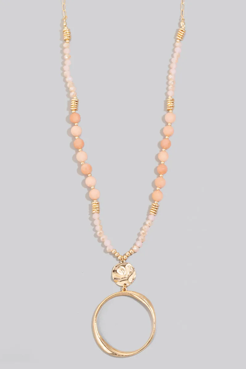Long Beaded and Circle Pendant Necklace in Gold (Assorted Colors)