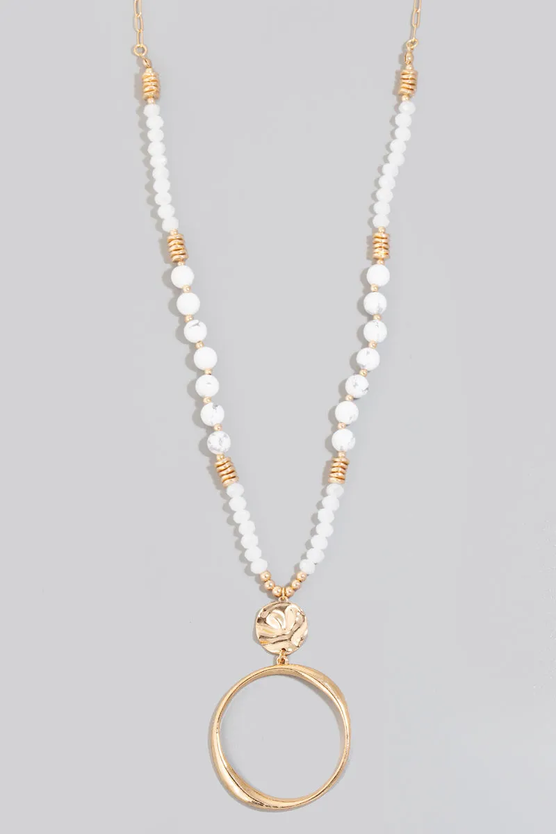 Long Beaded and Circle Pendant Necklace in Gold (Assorted Colors)
