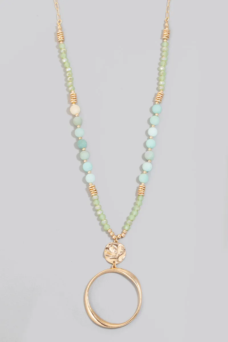Long Beaded and Circle Pendant Necklace in Gold (Assorted Colors)