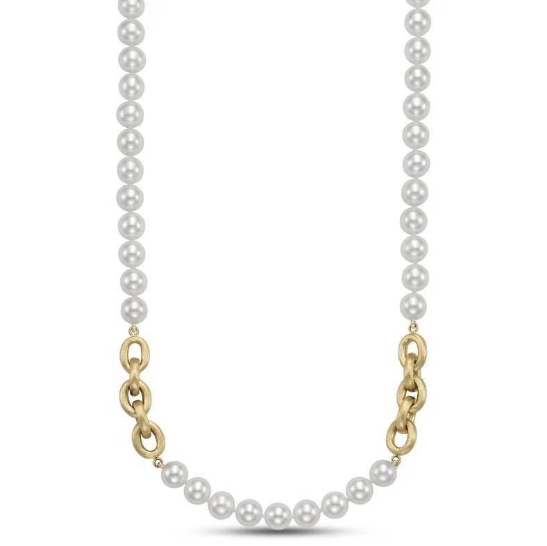 Mastoloni 14k Yellow Gold Freshwater Pearl and Textured Link Necklace