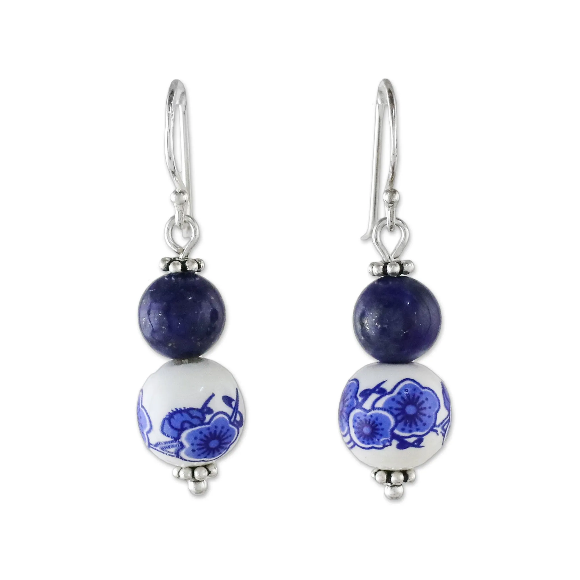 Ming Lotus Artisan Handmade 925 Sterling Silver Lapis Lazuli Earrings